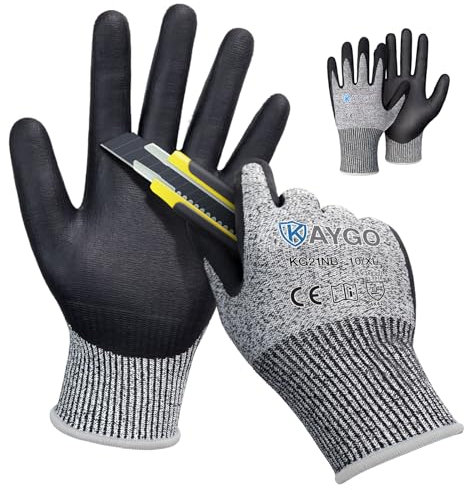 KAYGO 2 Paar Arbeitshandschuhe Schnittfest Level C, KG21N, Nitril Beschichtet Rutschfester Griff, Waschbar, EN388 4X42C Schnittschutz Handschuhe für Schneiden, Lager, Bau, Auto (Grau, XL, Gr 10)