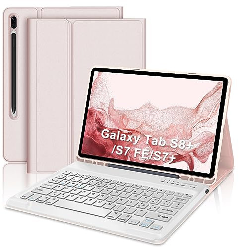 IVEOPPE Custodia con Tastiera per Samsung Galaxy Tab S7 FE/S8+/S7 Plus 12.4 Cover con S Porta Penna, Italiana Tastiera (Layout é.ç.§ QWERTY) Compatibile SM-X800/X806/T970/T975/T730/T736B, Rosa