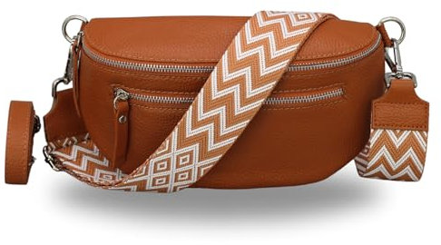 BRISE Bauchtasche Damen Echtes Leder Lucia Handgemachte Umhängetasche Crossbody Bag mit Ledergurt + Optionalen Breiten Gemusterten Riemen 3 Fächer Stylische Hüfttasche Made in Italy (Cognac Braun-3)