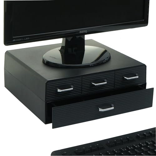 Tavolino supporto per monitor schermo tv 4 cassetti HWC-L99 polistirene antiurto 13x34x31cm nero