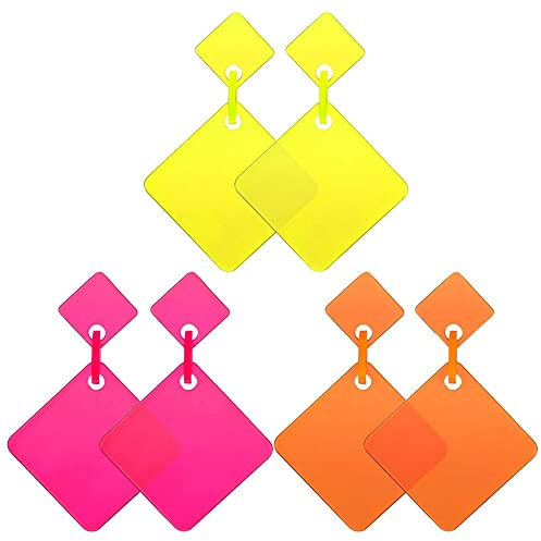 Loufy 3 Paar 80Er Neon-Ohrringe Retro-Ohrringe 80Er Quadratische Tropfen-Ohrringe für Damen MäDchen Cosplay Party-Accessoire