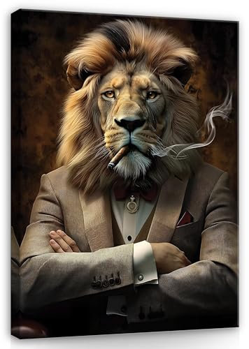 Bilder Löwe Motivation Geld Abstrakt Tiere 100x75 cm - Modern Leinwandbild Groß XXL Schlafzimmer Wohnzimmer Wandbild Kunstdruck Wandbilder Canvas Desing Wand Bild auf Leinwand Aufhängefertig