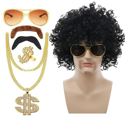 70er-80er-Jahre-Disco-Kostüm-Perücken-Set, Herren-Disco-Perücke, Herren-Lockenperücken, Perücke für Cosplay-, 6-teiliges Herren-Disco-Kostüm-Set, 70er-Jahre-Disco-Kostüme, interessanter Look für