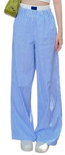 OOHOKAY Damen Y2k Gestreifte Lose Gerade Geschnitten Palazzo Hose Hohe Taille Dehnbar Lounge Hose mit Taschen Pyjama Hosen(Blau-S,L)