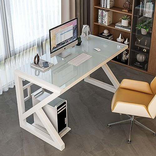 Modern Glass Computer Desk with Tempered Glass Top for Home Office (47 Inch White)