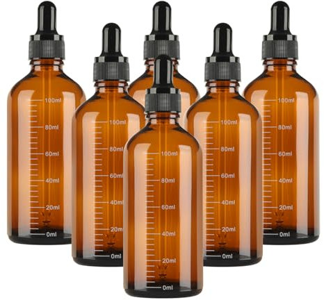 GROFIS Lot de 6 Flacon Pipette 100ml, Petit Flacon en Verre Ambré, Flacons Compte-gouttes avec 2 Pipette Mesurée 2 entonnoir 1 Etiquettes, Verre Dropping Bottles pour Huiles Essentielles Parfums