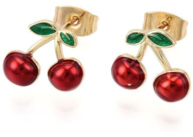 DanLingJewelry 5 Paar Messing Emaille Rote Kirsche Ohrringe Niedliche 3D Obst Kirschen Ohrstecker für Hochzeit Party Geburtstag Schmuck Geschenke, Messing
