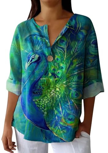 Hrjxfpt Womens Linen Tops Size 14 UK Long Oversized Spring T Shirt Womens Clothes Sale Clearance Ladies' Fashion Printed Single Button Long Sleeve Top (01-B-Blue, XXXL)