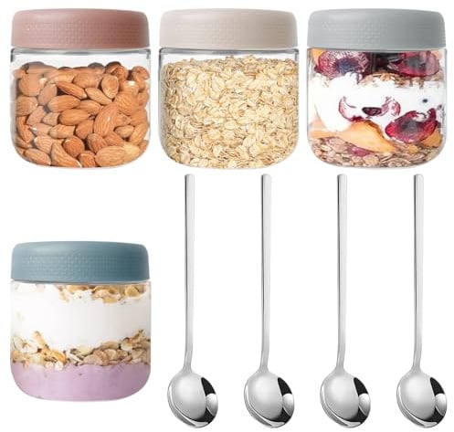 Lot de 4 bocaux de conservation de 350 ml (4 bocaux + cuillères en acier inoxydable) - Verres scellés avec couvercles - Récipients en verre empilables - Pour flocons d'avoine, salade, pudding, nud