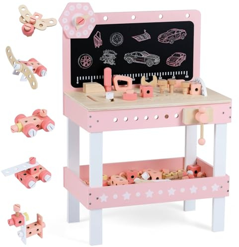 GYMAX Kids Workbench, Wooden Play Workbench with Blackboard, Storage Shelf, Tool & Parts Set, Children Toy Tool Bench for 3 Years Old + Boys Girls (Pink+White, 75 PCS:50x29x73cm)