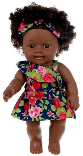Schwarze Babypuppen, 12 Zoll große amerikanisch-afrikanische realistische Babypuppe mit Kleid, beweglichem Gelenk und lockigen Haaren, weiche, waschbare Puppe mit dunkler Haut für Kinder, Schwarz