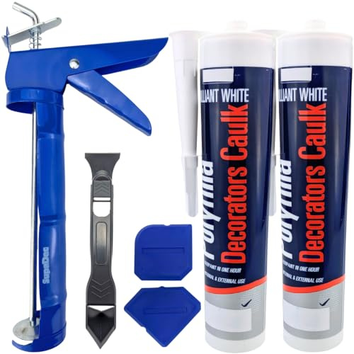 Decorators Caulk Kit – 2 x 290ml Brilliant White Paintable Acrylic Sealant | with Caulking Gun, Sealant Scraper, 2 Smoothing Tools, Saver Cap & 2 Cloths