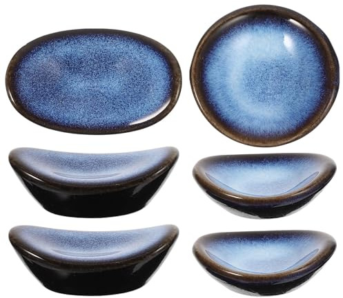 6Pcs Blue Ceramic Chopstick Rests for Forks and Spoons | Gold Ingot Shape, Smooth Surface, Portable Tabletop Use, Simple-Style Dining Table and Kitchen Decoration