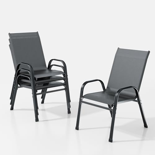 XIELOUS Gartenstühle stapelbar, Grau, 4er Set | balkonstühle gartenstuhl hochlehner mit Armlehnen und Metallgestell Wetterfest für Outdoor Garten Terrasse Balkon Restaurants