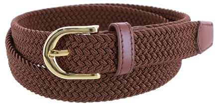 CTM Women's Elastic Braided Stretch Belt with Gold Buckle 1 Inch, Small, Brown