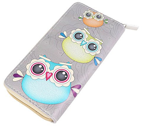 DonDon Geldbörse Damen mit Reißverschluss Portemonnaie Geldbeutel Damen Kinder Mädchen Eule Eulen-Motiv Trio grau bunt