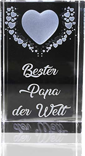 VIP-LASER | 3D Kristall | Motiv: Fliegende Herzen | Bester Papa der Welt (incl. LED-Leuchtsockel (empfohlen))