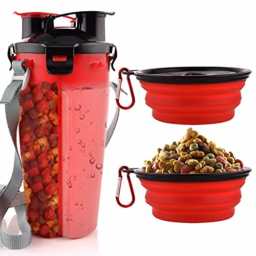 MATT SAGA Portable Pet Water Bottle and Food Container for Travel 2-in-1 Dual Chamber Bottle with 2 Collapsible Bowls Dogs Cats Feeder Water Food Bottle Outdoor Travel(Red)