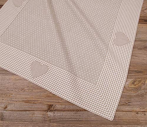 Tischdecke LINA kariert, Punkte Herzen beige - Großes Stoff Tischtuch Landhausstil 70 cm Tischdeko quadratisch - Waschbare Mitteldecke aus 100 % Baumwolle, als moderne Hochzeitsdeko, Geburtstag, Party