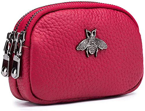 JUVEL Porte-Monnaie en Cuir véritable pour Femme - Double Zipper Bee Change Pouch Wallet Card Holder Porte-Monnaie Mini Simple Cute Coin Pocket utile pour Les Femmes (Roses Rouges)