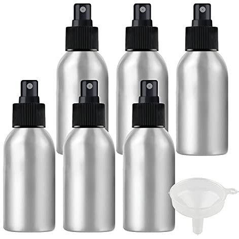 ZEOABSY Pack of 6 Empty 100ml Silver Aluminium Spray Bottle Refillable Aluminum Bottles with Black Fine Mist Sprayer Metal Spray Bottles for Perfume Hair Garden Travel, Funnel