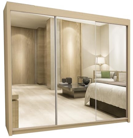 IE INTERIOR EMPORIUM Milan Full Mirror Double Sliding Door Wardrobe (or three in the 250cm size) With Shelves, Hanging Rails and LED Light in 6 Sizes & 4 Colors (250cm, Oak/Sonoma)