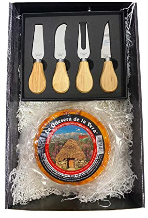 Regalo original para hombres con set de cuchillos para quesos y queso de cabra semicurado al pimentón, presentado en estuche de regalo con virutas de papel