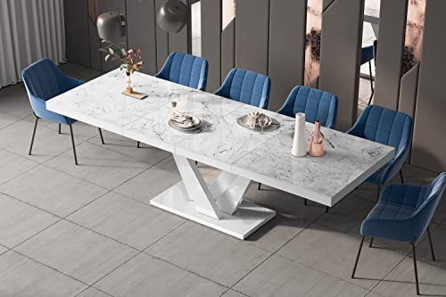 Design Esstisch Tisch HEV-111 ausziehbar 160 bis 256 cm, Farbe:Marmoroptik Hochglanz - Weiß Hochglanz