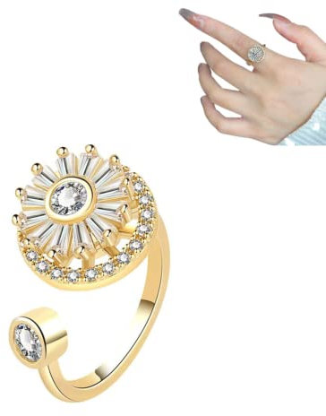 TETHY Zenspinz Anti-Angst-Diamantring, Verstellbarer Goldkristall-Anxiety-Relief-Spinnring, Zappel-Spinner-Ringe für Mädchen, personalisierte Geschenke für Frauen (Gold)