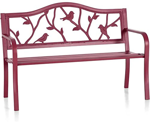 Gruytoie Outdoor Garden Bench, Park Bench Red, Durable Cast Iron Metal Patio Bench, with Bird Design Backrest and Arc Armrests, for Porch, Backyard, Lawn, Balcony, Poolside