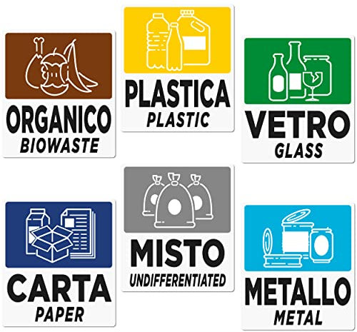 6 große Aufkleber für Mülltrennung | Format 12 x 12 cm | Etiketten auf Italienisch und Englisch für Abfallbehälter | 6 Stück