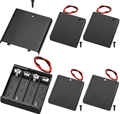 MKBKLLJY 5Pcs 4 AA Battery Holder With On/Off Switch, 6V Case With Cover, 4 Slots 1.5V Storage Box, Wires Connector and Mounting Screws for DIY and DC Equipment