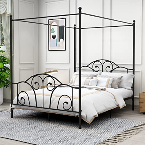 AUFANK Queen Size Four-Poster Metal Canopy Bed Frame, Black