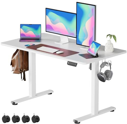 VOSATRON Elektrisch Höhenverstellbarer Schreibtisch 120x60cm Schreibtisch Höhenverstellbar mit Memory-Steuerung und Anti-Kollision Technologie, Rollen, Spleißbrett, Weiß Rahmen/Weiß Tischplatte