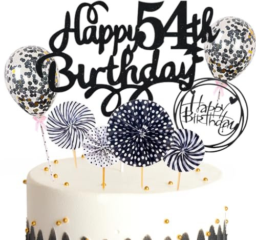 Feelairy Tortendeko Happy Birthday Deko Kuchendeko 54. Geburtstag Mann Frau, Schwarz Kuchen Topper 54. Geburtstag, Cake Topper Happy Birthday Ballon für Geburtstagstorte Deko 54 Jahre Frauen Männer