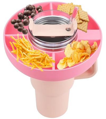 Snack Bowl for Stanley Cup, Tumbler Snack Tray Compatible with Stanley Cup 40 oz with Handle, Reusable Snack Storage Top Ring Candy Tray with 4 Compartments for Stanley Cup Accessories (Pink)