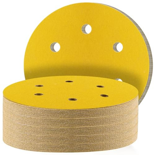 STEBRUAM 50pcs 150mm sanding discs,Sanding Discs Pads for Random Orbital Sander pads and All Oscillating Tools,Yellow sanding discs Hook and Loop 600 Grit 6 Hole 6 Inch Round