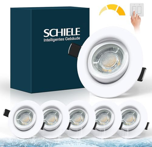 Schiele LED Einbaustrahler 230V Dimmbar, 68-78mm Lochmass, Warmweiß 7W LED Spots 230V Weiß Deckenspots Einbauleuchten Flach,700LM Deckenleuchte Einbauspot,IP44 Für Badezimmer Wohnzimmer, 6er set