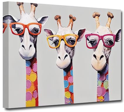 CXHOSTENT Leinwand Wandbilder mit Giraffenfamilie lustige Giraffe mit Brille Kunstdrucke bunte Tierbilder für Kinder Kinderzimmer Raumdekoration (A, 30.00 x 45.00 cms)