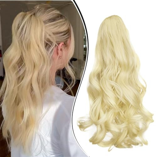 Dcbaboo Ponytail Extension Pferdeschwanz Haarteil Zopf Extension mit Klammer Gewellte Lang Haarverlängerung Zopf Clip Synthetik Wellige Lockig Pferdeschwanz Haarextension, 45cm Bleichblond