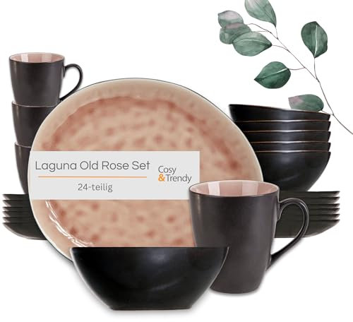 Cosy & Trendy Laguna Old Rose Geschirrset 24-teilig | 12 Speiseteller, 6 Schalen, 6 Becher | Schwarz,Rosa Steingut Geschirr Set | Mikrowellen &- Spülmaschinengeeignet | Tafelservice 6 Personen