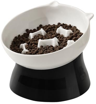 Gamelle Anti Glouton Chat Surélevée - Gamelle Chat Ceramique pour Alimentation Lente - Bol Chat Sureleve Incline Anti Vomissement - Ecuelle Chat avec Labyrinthe Interactif - Gamelles Chats Surélevées