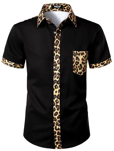 JEMITOP Men's Stretchy Causal Leopard Cheetah Print Short Sleeve Slim Fit Button Up Shirt, Black Leopard, XXL