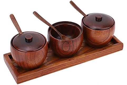 Walfront Holz Gewürztopf Set, 3 Holz Gewürzbehälter, Salzbehälter für Kaffee Zucker Gewürze Kräuter Küche Theken Salz