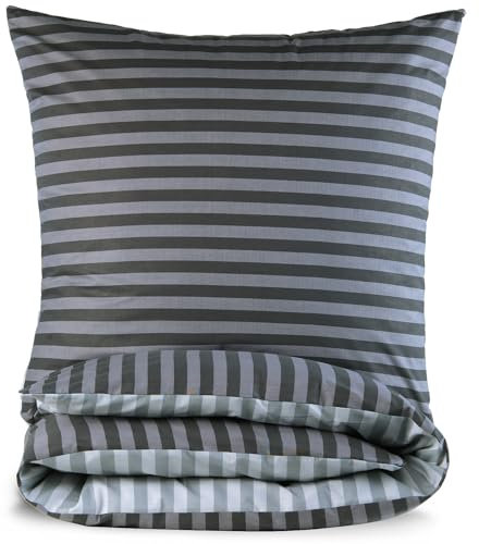 MALIKA Bettwäsche 155x220 Baumwolle, 2-teiliges Set, Streifenmuster, Wende Bettbezug 155 x 220 cm, Kissenbezug 80x80 cm, Renforcé, atmungsaktiv, maschinenwaschbar, Grau
