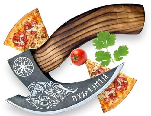 CraftTal Pizza-Axt Wikinger mit Lederschutz – Pizzamesser für echte Wikinger – Pizzaschneider-Axt perfekt als Wikinger-Dekoration – Wikinger-Axt, Pizza-Wiegemesser, Wikingermesser, Beil (Black Skull)