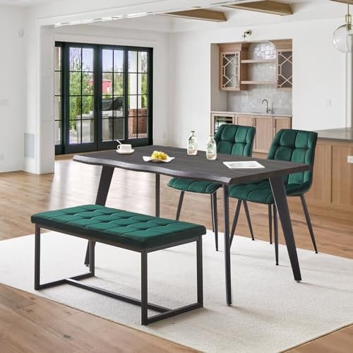 CLIPOP Industrial Wood Dining Table and 2 Velvet Chairs with Bench 4 Piece Metal Frame Dining Room Set for Home Kitchen Breakfast Dinner (table + green chairs)