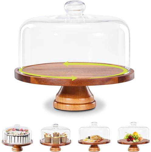 Yangbaga Glass Cake Stand with Lid,11in Wooden Rotating Cake Stand with Dome Cover, Cake Plate Display Server Tray for Birthday Kitchen Party