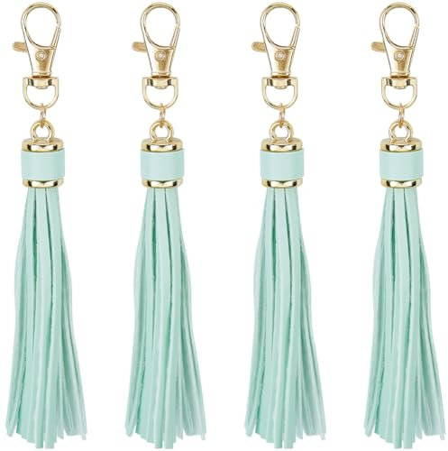 SUNNYCLUE 1 Box 4 Stück Schlüsselanhänger Quaste Charms Kunstleder Quaste Charm Bulk Grün Kunstleder Anhänger mit Legierung Karabiner Drehverschluss für DIY Handtasche Schlüsselanhänger Handwerk