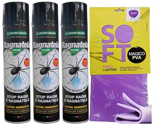 SET: 3x Insetticida Spray RAGNATELE, Specifico Per Il Trattamento Di Ragni e Contro La Formazione Delle Ragnatele, Ad Azione Rapida 400ml + Panno SOFT In Lattice, Formato 30x30